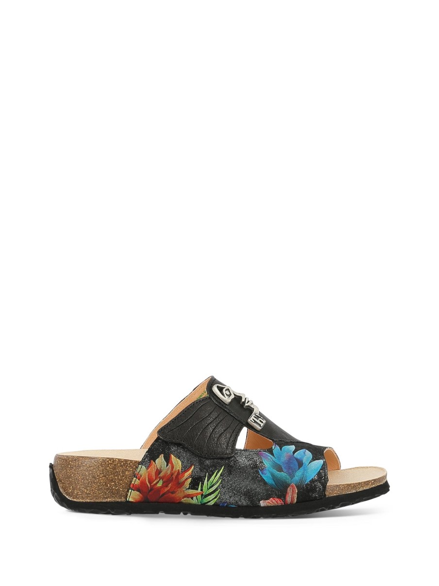 Woman THINK! Slides | Tenoki Black Floral | Peter Sheppard Footwear